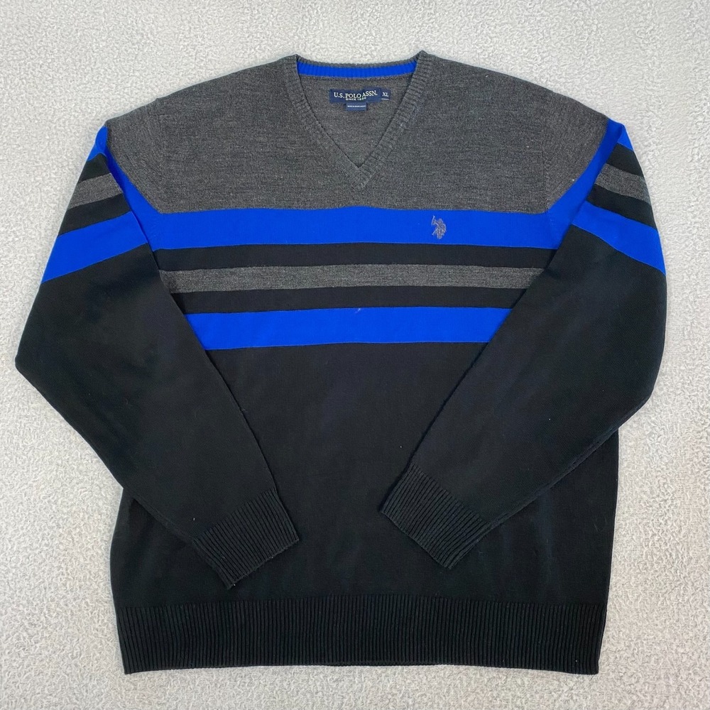 U.S. Polo Assn V-Neck‎ Sweater Size XL Black Gray Blue Striped Pony Embroidered